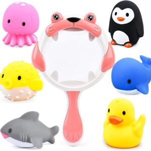 JoyGrow Baby Bath Toys Set with 6PCS Soft Cute Ocean Animals Bath Squirter and 1PCS Fishing NetWater Toys Bathtub Bathroom Pool Sea Animal Toysfor Kids (Pink)