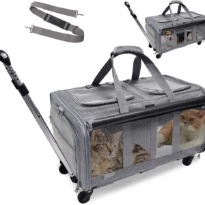 LIONROGE Double-Compartment Pet Rolling Carrier with Wheels for 2 Pets,Cat Rolling Carrier for 2 Cats,Super Ventilated Design,Ideal for Traveling/Hiking/Camping