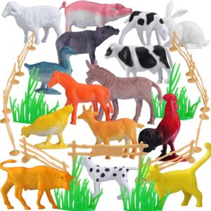 Meng Jiaran 28Pcs Farm Animals Figures Set, Mini Farm Animals Toys with Plastic Assemble Fence Grass Door Gifts for 3 4 5 Year Olds Kids Toddler