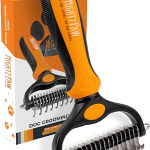 Mighty Paw Dog Grooming Brush | Pet Undercoat Dematting Rake with Rounded Teeth. Dog Comb for Detangling, Thinning, & Deshedding All Hair Types. Tool for Long Haired Shedding Dogs (Orange)