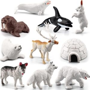 OUKEYI Mini Arctic Animals Figurines Set, 10pcs Mini Arctic Animals Toy,for Toddlers Realistic Plastic Arctic Reindeer White Whale Polar Bear Arctic Fox Wolf Figure Toy for Kids Birthday Gift