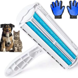 Opucore Pet Hair Remover Roller + Grooming Gloves Professional Kit- Dog & Cat Fur Lint Remover with Massage Gloves for Furniture Couch Carpet Car Seat