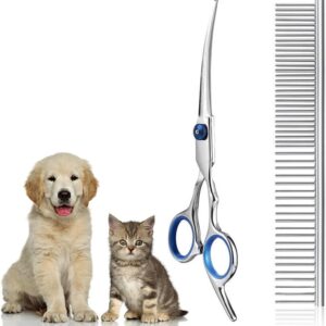 Pet Grooming Scissors,6 inches Dog Grooming Curved Scissors ith Safety Round Tip, Stainless Steel Dog Cat Hair Cutting Trimming Scissors Up Curved with Comb for Dog (Set of 2)