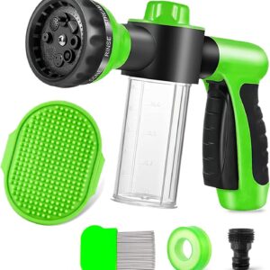 Pup Jet Dog Wash Outdoor, 8-in-1 Dog Sprayer Hose Attachment with Dog Shower Brush and Pet Grooming Comb, 3/4 Inch Standard Garden Hose Nozzle for Watering Flowers, Car Washing, Pet Bathing(Green)