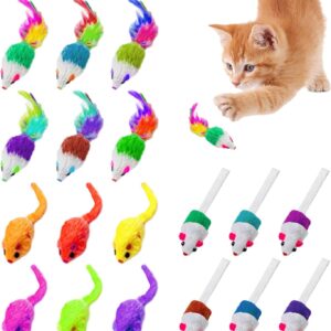 PuraQuot 18 PCS Plush Mouse Toys Making Rattle, Soft Mouse Toys with Cloth Tail Playing Chewing Teeth, Small Mouse Catnip Toys with Feather Tail Furry Interactive Cat Toy