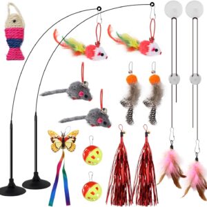QUOZUO 2 Packs interactive cat toys with Super Suction Cup, 14 pcs Replacements Feathers Balls Mice, 2 Packs Wand Hanging Door flying cat toys for indoor cats, Cat Spring Toy, Kitten Toys