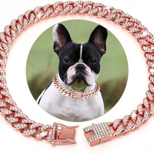 Rosegold Dog Chain Diamond Cuban Collars Walking Rosegold Metal Chain Collar with Design Secure Buckle,Pet Cuban Crystal Jewelry Collar Necklace Accessories for Dogs Cats(Rosegold,10inch)