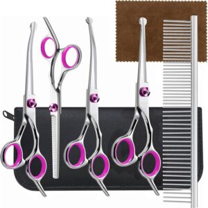 SUPERFA Dog Grooming Scissors with Safety Round Tip, 5Pcs 6-Inch Professional Pet Grooming Scissors Set, Stainless Steel Grooming Shears for Small Large Pet Dog Cat