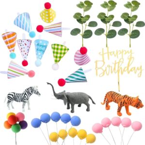 Safari Jungle Cake Toppers Animal Party Decorations Elephants, Tigers, and Zebras with Mini Birthday Party Hat Color Balloons Cake Toppers Happy Birthday Cake Toppers (3 Animal)