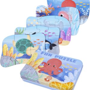 Sea Animal Puzzles for 3 4 5 6 Year Olds, 5-in-1 Jigsaw Puzzles with Iron Box for Storage, Puzzle Toys Gifts for Boys, Girls, Kids and Children (Sea Animal Puzzles)