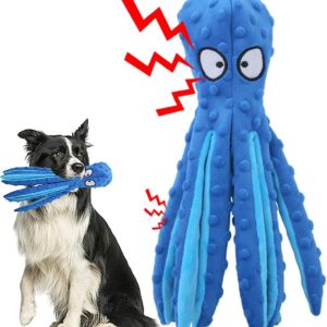 Squeaky Dog Soft Toy, No Stuffed Octopus Dog Chew Toy with Crinkle Paper Plush Dog Teeth Cleaning Toy for Medium Large Dog (Blue)