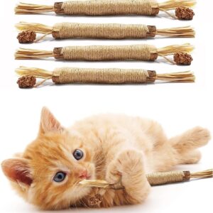 Yunmoxiao 4pcs Silvervine Cat Toy, Cat Chew Toys Natural Silvervine Cat Dental Chew Sticks Interactive Cat Kitten Teething Chew Toys for Kitten Teeth Cleaning