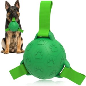 RUCACIO Dog Balls, Indestructible Dog Toys Soccer Ball with Straps, Interactive Tough Dog Football for Training Herding Balls, Birthday Present for Puppy Small Medium Dogs- (4 Inch)