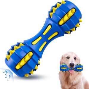 AUSCAT Dog Chew Toys, Dog Toy for Aggressive Chewers, Dumbbell Shape Rubber Chew Toys with Squeaker, Interactive Dental Toys for Large Medium Dogs Training and Cleaning Teeth, Blue