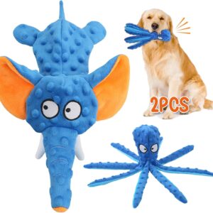 Kemowi 2pcs Plush Dog Toys, No Stuffing Squeaky Interactive Dog Toys, Indestructible Dog Chew Toy With Crinkle Paper For Puppy Teething, Small Medium Large Dogs Training and Playing(Octopus+Elephant)