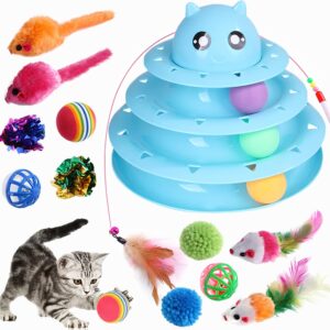 Wefine 14 PCS Cat Toys for Indoor Cats Kitten, Pet Interactive Fun Roller Exerciser Track Toys 3 Level Cat Teaser Ball Toys with 3 Colorful Balls, Cat Feather Wand Toys