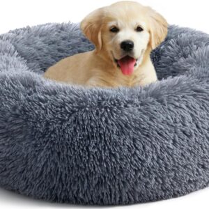 YOJOGEE Calming Donut Puppy Bed for Medium Small Dogs Cats, Fluffy Anti Anxiety Washable Non-Slip Plush Cuddler Warming Round Faux Fur Pet Bed