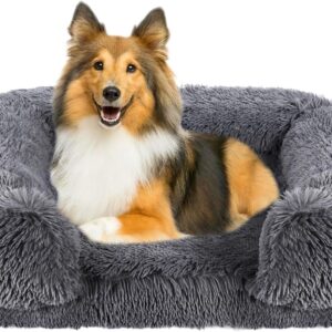 OCYEMY Dog Bed: Washable Dog Bed Large with Fluffy Plush, Dog Sofa Beds with Non Slip Bottom, Calming Dog Bed for Small, Medium Dogs, Border Collie, French Bulldog, Scruffs, Grey, 75 * 50 * 17 CM