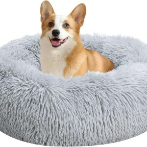 Baguuaray Dog Bed Cat Bed 50CM Washable Warm Plush Fluffy Round Pet Bed with Anti-Slip Bottom Suitable for Cat and Small Medium Dogs (Light Grey)