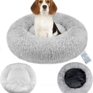 OKPOW Donut Dog Bed Medium Washable - 60cm Anti Anxiety Calming Cosy Fluffy Plush Puppy Kitten Round Super Soft Snuggle Pet Cat Beds for Indoor Cats Light Grey