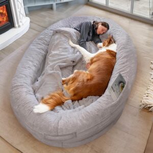 ODOXIA Human Dog Bed for Adults & Furry Friends | Warm & Comfortable Human Sized Dog Bed | Bean Bag Dog Bed | Giant Dog Bed for Humans & Pets | Grey | Blanket Included & Detachable Cover