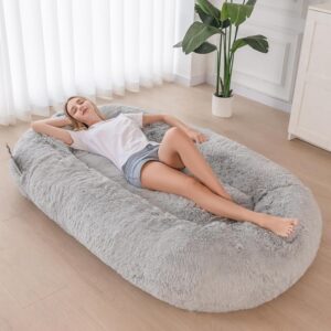 MAXYOYO Dog Bed for Human, 185 x 115 x 30 cm Faux Fur Giant Bean Bag Bed for People Adults, Extra Large Size Dog Bed for Pets, Cozy Nap Bed with Handle, Removable Cover (Grey)