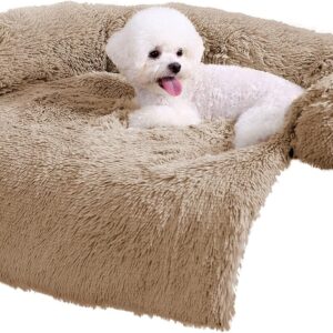 HACHIKITTY Calming Dog Sofa Bed Mat, Washable Plush Couch Cover for Dog, Furniture Protector Pet Sofa Mat for Dogs and Cats, Fluffy Dog Couch Bed with Anti-Slip Bottom (30"x 27"x 6", Camel)