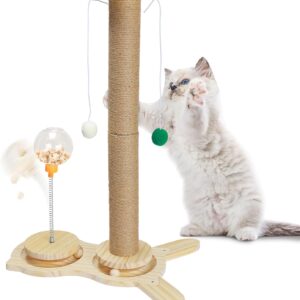 Arquiel Cat Scratching Post, 66CM Tall Sisal Scratcher Post with Cat Treat Dispenser, 4-in-1 Interactive Cat Toy for Indoor Cats with Wooden Ball Track and Dangling Plush Ball