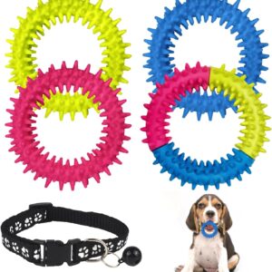 GVSAVY 4pcs Puppy Teething Toys with 1pc Pet Bell Collar, Ring Multicolor Rubber Spike Ring, Dog Mouth Cleaning Toys, Dog Chew Toys, Interactive Pet Training Tools