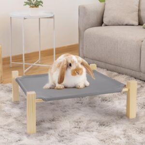 MEWTOGO Rabbit Hammock Bed, Wooden Elevated Cooling Bunny Bed with Pure Cotton Fabric, Stable Furniture Pet Bed for Indoor Outdoor Guinea Pigs Hamsters Sleeping