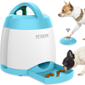 PETGEEK Treat Dispenser Dog Toys, Automatic Pet Feeder with Dual Power Supply and Remote Control, Dog Puzzle Toys and Interactive Dog Toys in One for Indoor or Outdoor Play(Blue)