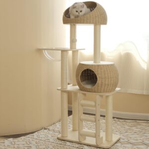 Pawlabay Rattan Cat Tree for Indoor Cats,Tall Cat Tree Tower with Cat Scratching Post,Wood Cat Tower for Indoor Cats,57.5 Inch Tall