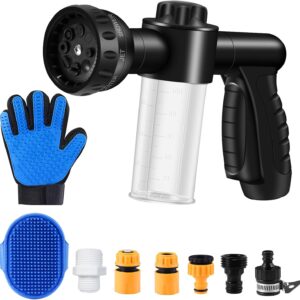 Pup Jet Dog Wash, 8 in 1 Dog Horse Jet Sprayer, Hose Nozzle Foam Sprayer with Soap Dispenser, Pet Grooming Glove, Dog Rubber Brush, for Showering Pets, Watering Plants&Lawns. (Black)