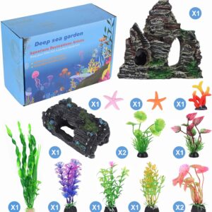 QZQ Aquarium Decorations Plastic Plants 14 PCS Fish Tank Plants Fish Tank Decorations Accessories Decor Set with Resinous Rockery Hideouts Coral Aquarium Plants and Resin Starfish