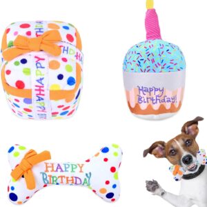 TOWEAR Soft Dog Plush Toys, Squeak Toys for Dogs, Creative Pet Interactive Play Toy Set, Celebrate Birthday Gift Cake Bone Dog Toys