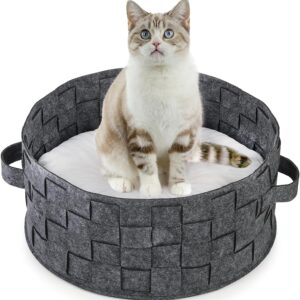 WUWEOT Woven Cat Bed Basket, Round Felt Small Dogs Sofa Bed, 17" x 7.7" Pet Sleeping Bed House with Soft Cotton Cushion for Indoor Cat Puppies Rabbits and Small Pets (Grey)