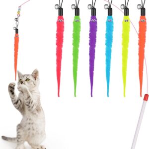 Molain Cat Wand Toy Set -Cat Teaser+ 6Pcs Furry Tail Worms with Bells Interactive Cat Chaser Toys