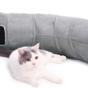 OHANA S Form Collapsible Cat Tunnel Toy in suede, Large cat tunnels for indoor cats rabbits with 2 holes and suspended ball Dia27*117cm