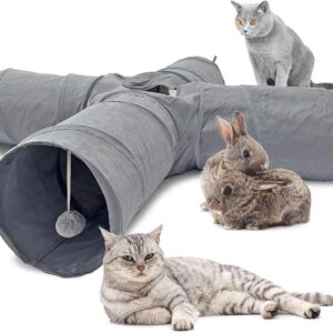 LeerKing Cat Tunnel 10 inch 4 Way Collapsible Cat Play Tunnel Indoor Cats Large Suede Cat Tube Tunnel with Ball and Peek Hole for Kittens Bunnies