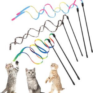 Amaxiu Cat Wand Toy Set, Interactive Cat Wand Toy with Rainbow Ribbon String, Rainbow Cloth String, Leopard Print Cloth String for Small Cats Kittens Indoor Training Catcher(6 Packs)