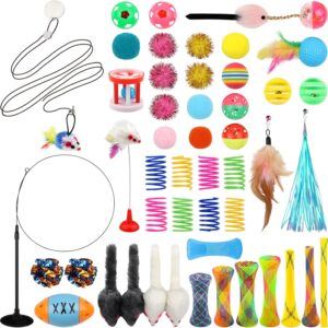 QUOZUO 50 Pcs Cat Toy Kitten Toys set, Interactive cat Toy with Suction Cup, Wand Hanging Door Flying cat Toys for Indoor Cats, Cat Spring Toy, Cat Toy Mouse, cat ball toy, Cat Crinkle Balls