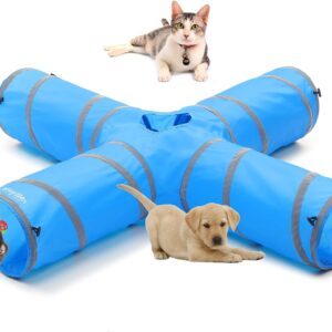 4 Way Cat Tunnels with Reflective Tape for Indoor Cats, Collapsible Tube 10 Inch Diameter & 47 Inch Longer Pet Toy for Puppy Kitten Rabbit (Blue)