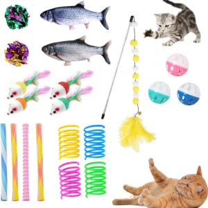 JOEXD 20-Pack Indoor Cat Interactive Feather Toys, Catnip Fish Plush Mouse Bell Ball Cat Spring Sound Paper Ball Cat Stick Toy for Kittens and Cats